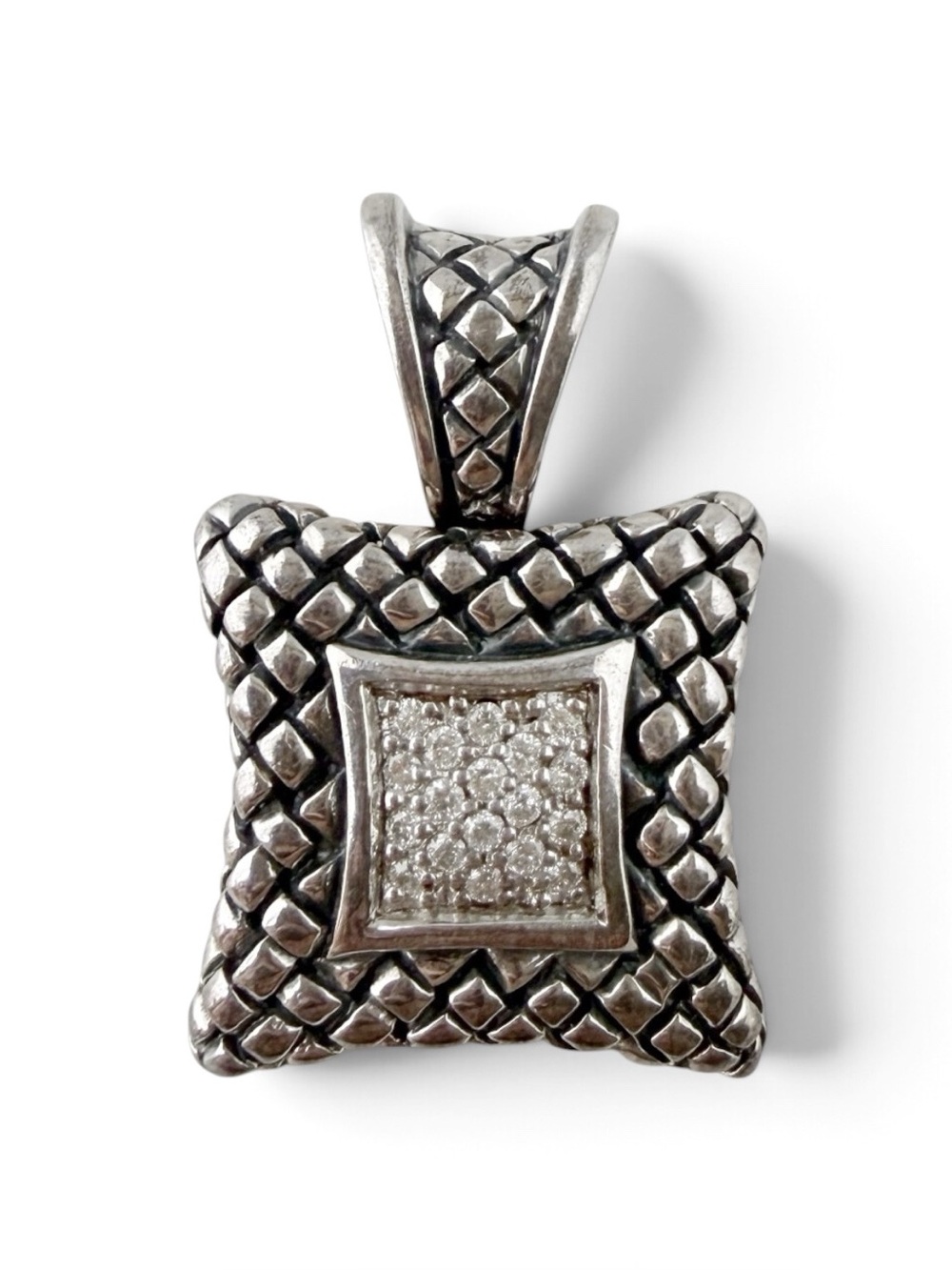 Scott Kay Sterling Silver Diamond Basket Weave Puffy Square Pendant